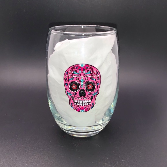 BLING GLITTER & SWAROVSKI CRYSTALS PINK & TEAL SUGAR SKULL STEMLESS WINE GLASS - Picture 7 of 12